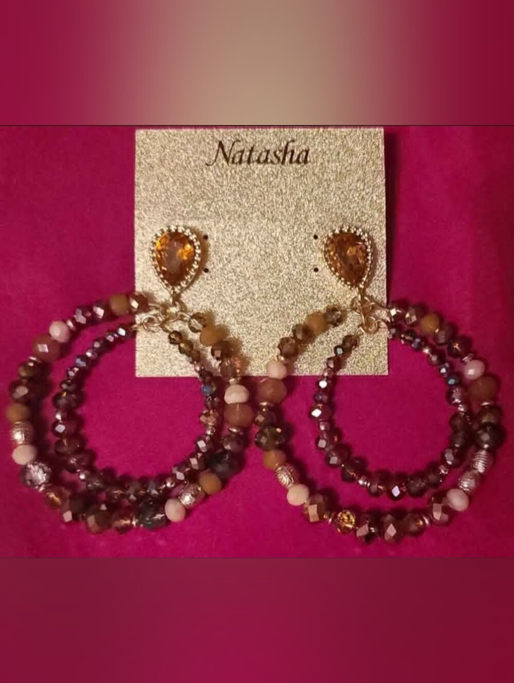 Vintage Natasha Couture Gold Amber Crystal Glass Bead Double Drop Hoop Earrings